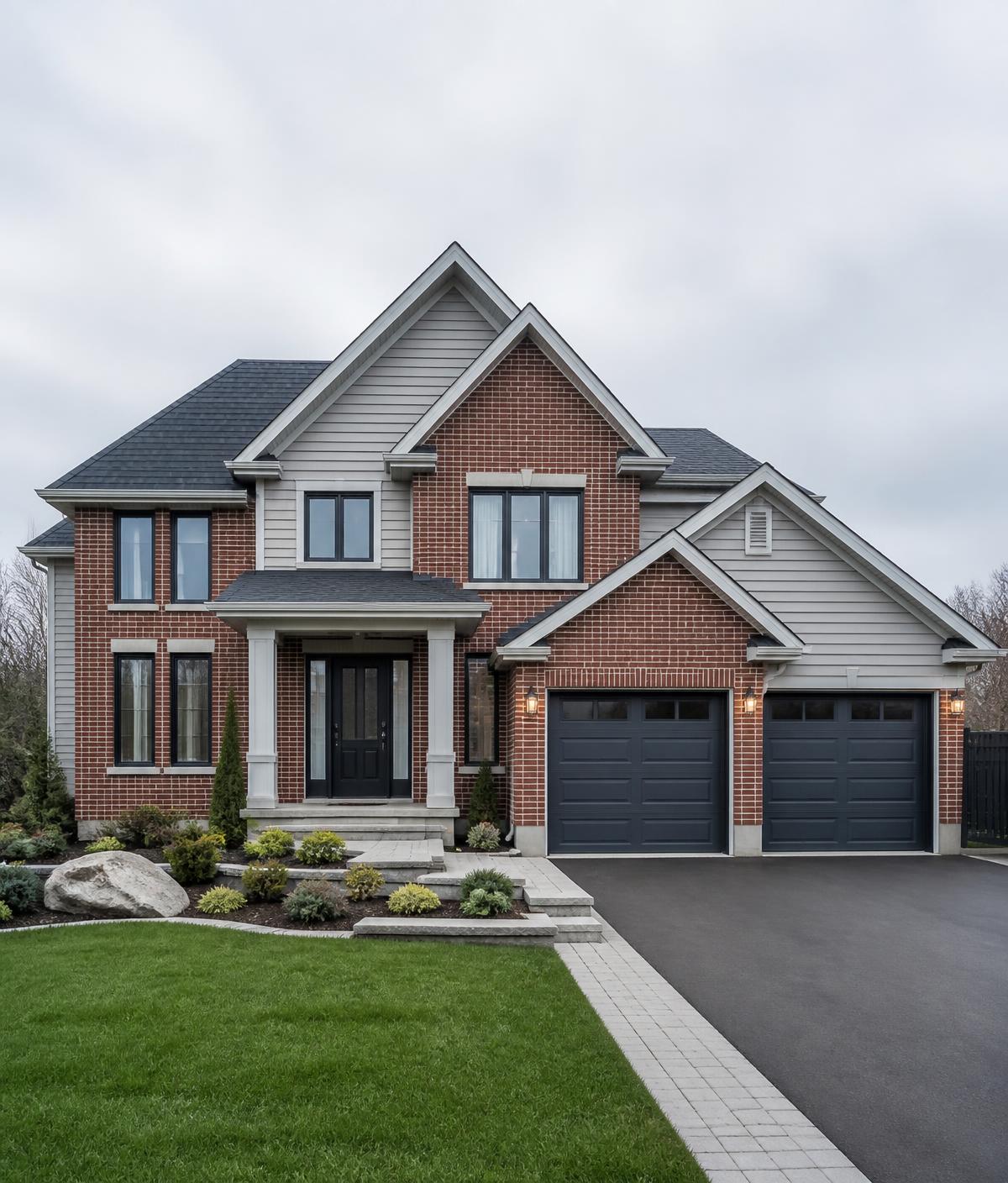 Maison unifamiliale québécoise en brique avec garage double